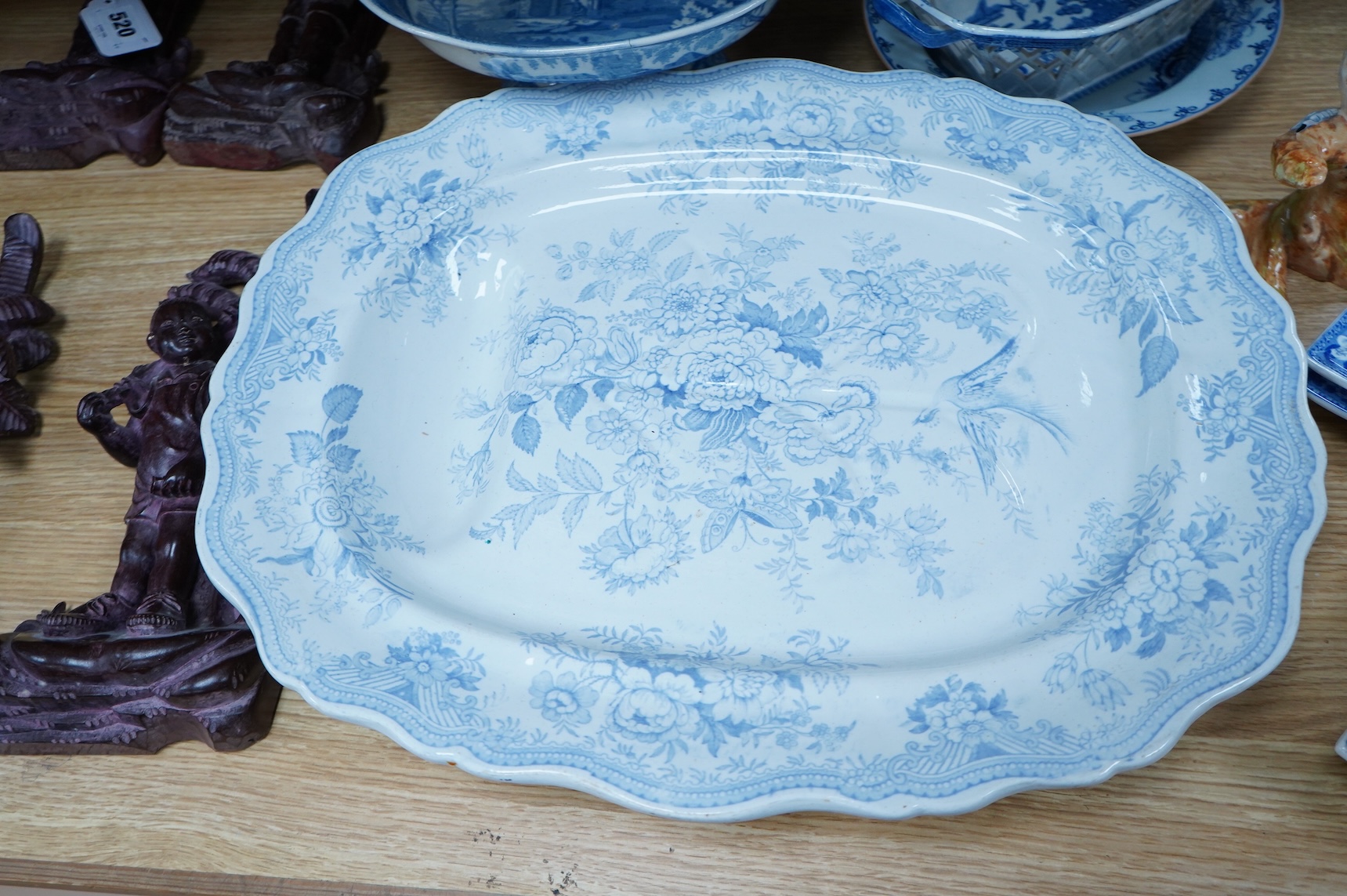 A group of Victorian blue-printed dinner wares, including a Chinese blue and white dish and a Wade bird (13).